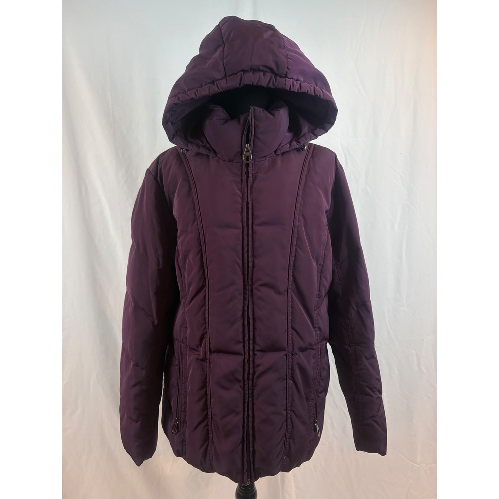 Calvin Klein Womens Plum Purple Quilted Puffer Jacket Hooded Leopard Print 1X